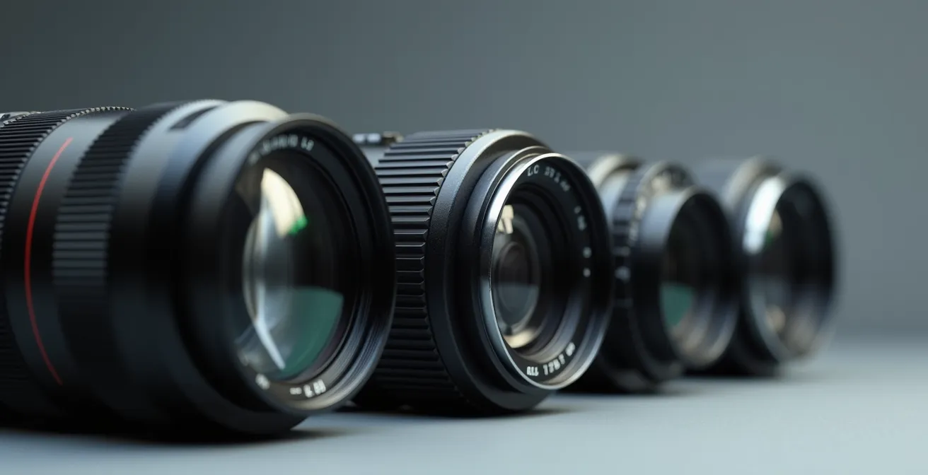 Collection d'objectifs professionnels photographiés en détail macro