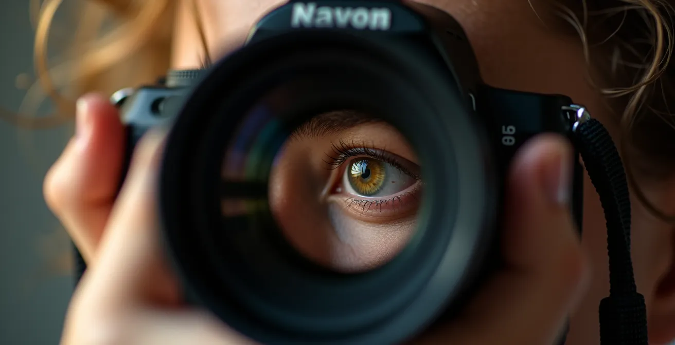 Gros plan sur l'œil d'un photographe regardant dans le viseur d'un reflex