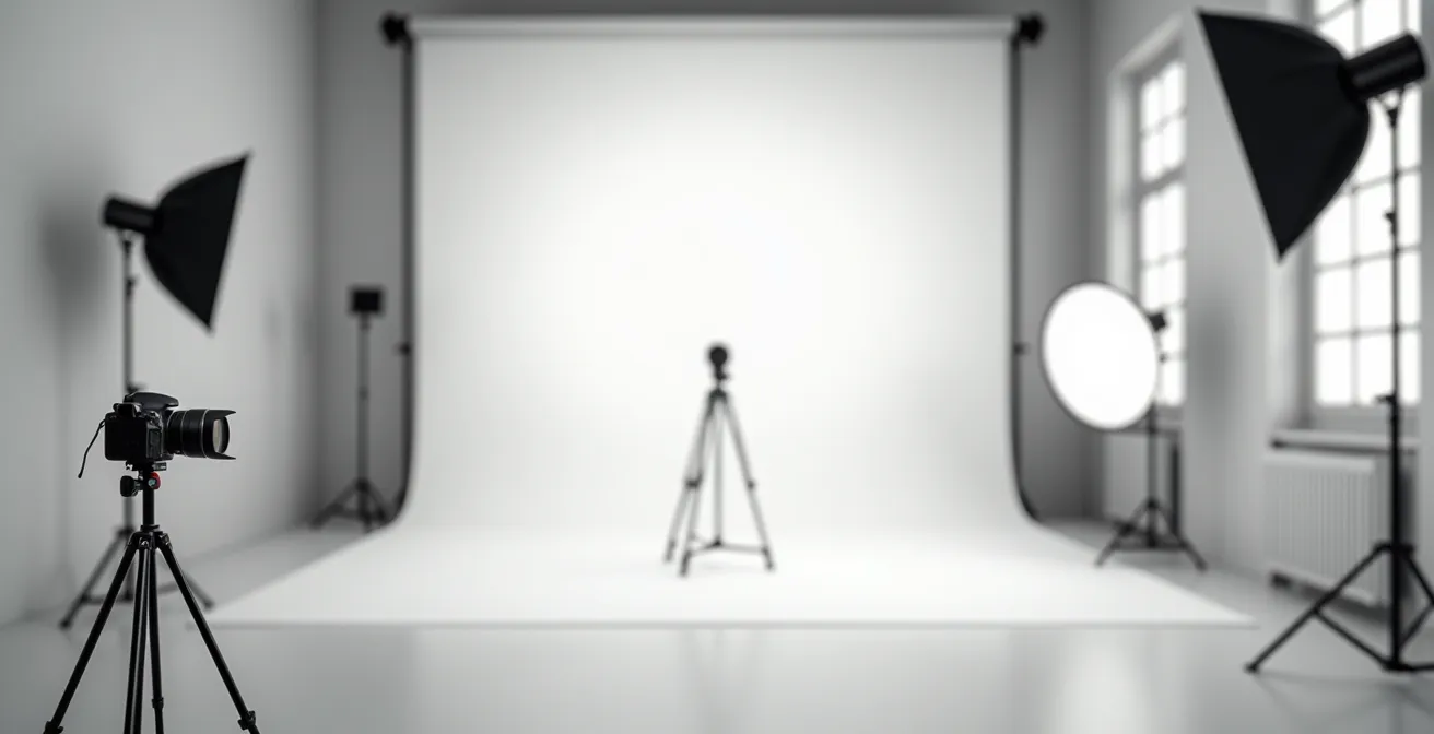 Studio de photographie de mode avec équipement professionnel en arrière-plan