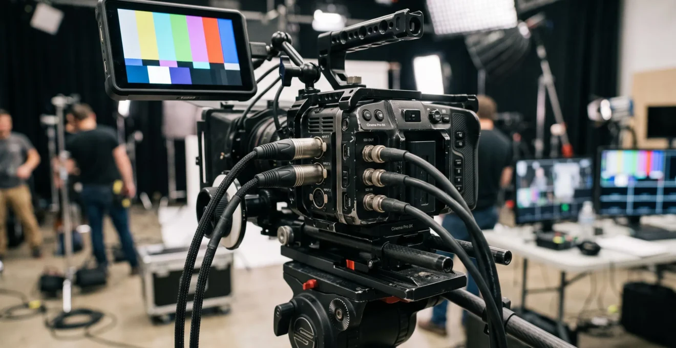 Un caméscope professionnel monté sur support avec moniteur externe et câbles de connexion visibles, dans un environnement de plateau