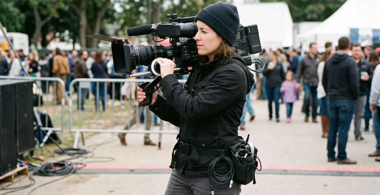 Un opérateur caméra professionnel filmant avec un caméscope d'épaule, œil au viseur, en situation de tournage