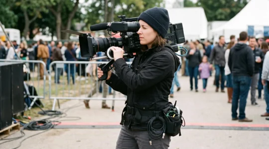 Un opérateur caméra professionnel filmant avec un caméscope d'épaule, œil au viseur, en situation de tournage
