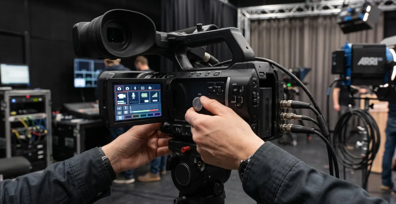 Gros plan sur la main d'un opérateur réglant les paramètres techniques d'un caméscope professionnel via l'écran LCD et les molettes de contrôle