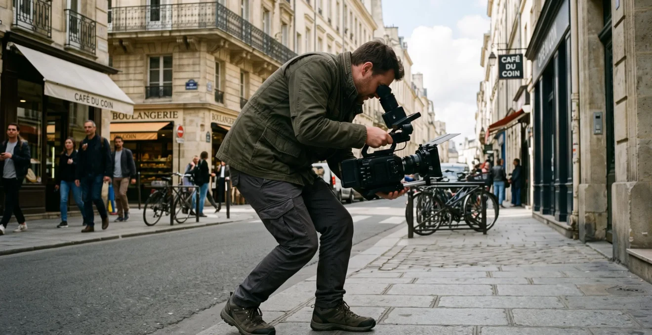 Un vidéaste en reportage extérieur filmant avec un caméscope professionnel portable, en conditions de terrain urbain